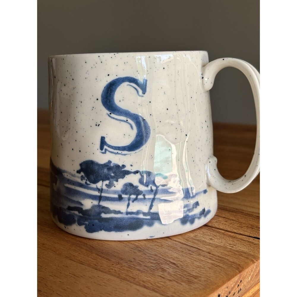 Anthropologie Buoyant Letter Monogram "S" Blue White Large Stoneware Mug 20oz